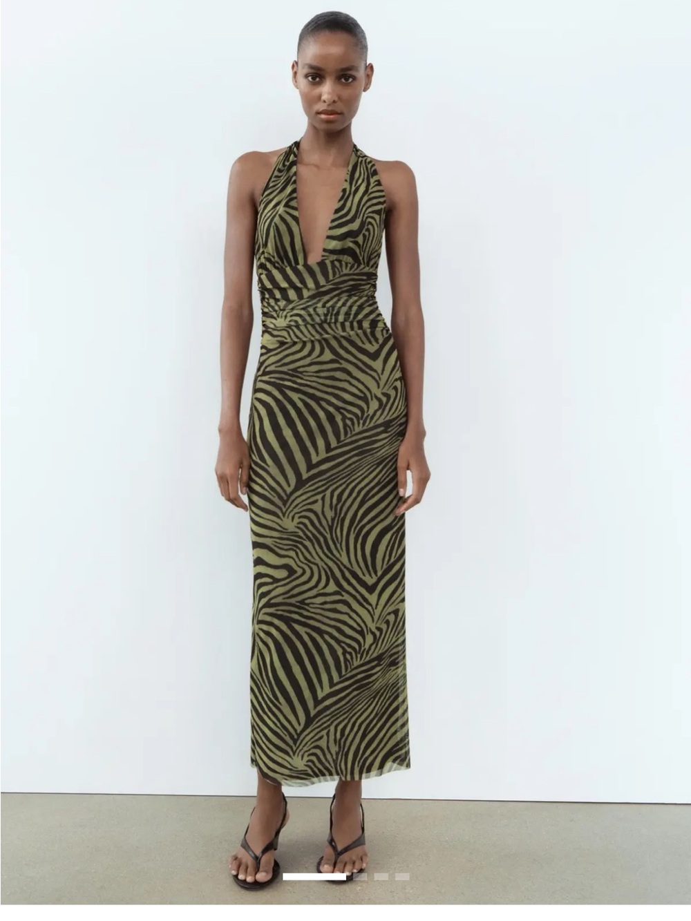 Zara Olive Green and Black Zebra-Print Halter Midi Dress